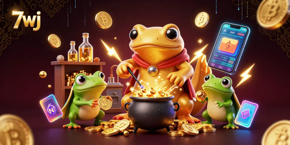 Engage in online slots with 7wj's enchanting alchemist scene filled with vibrant gold coins and crypto elements.