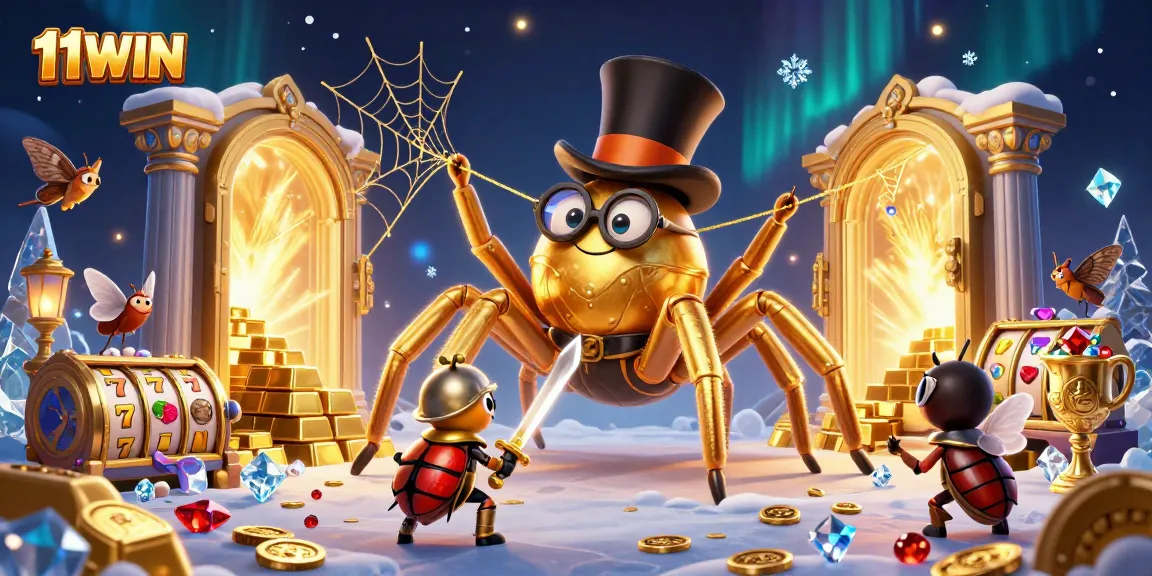 Engage with 11WIN's vibrant casino scene featuring a golden tarantula, beetle knight, and rich treasures.