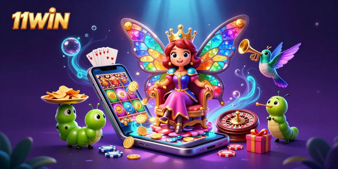Engage with dynamic slots at 11WIN, featuring vibrant gaming elements and a whimsical butterfly queen.